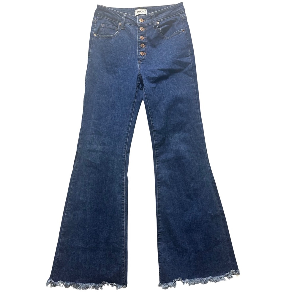 C'EST TOI Black Label Women's Size 7 High Rise Flare Button Fly Jeans Frayed Hem